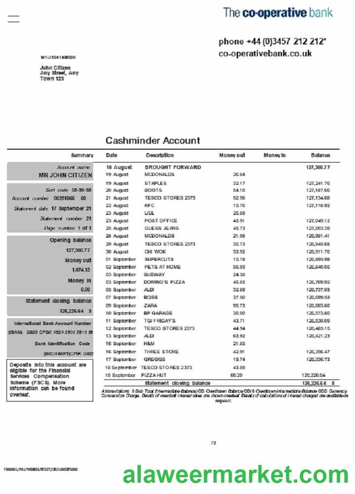 United Kingdom The Co-operative bank statement in Word and PDF format